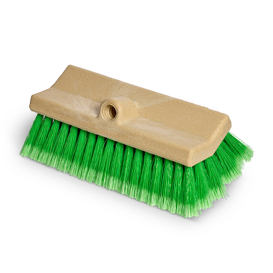 Brush is 10" wide. Bristles are 2.5" long and moderately soft Nylex. Wooden handle  with a metal screw tip is 5' long and sold separately under the Item #6401.